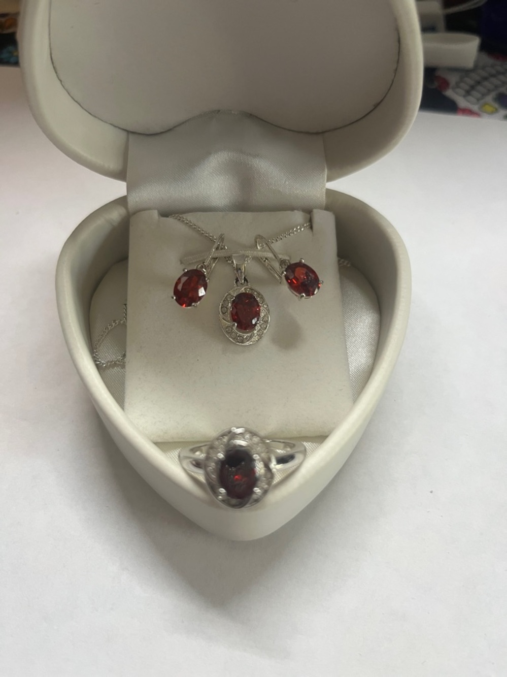 Elegant Silver Necklace and Earring Set and ring with Red Stones